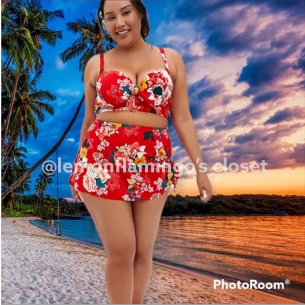 Torrid tropical red floral skirted bikini swimsuit